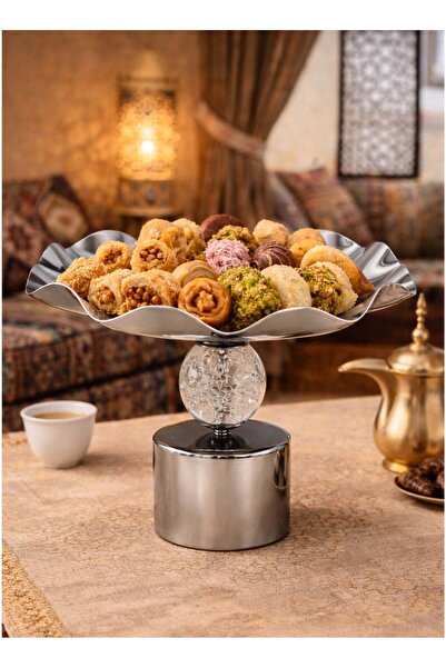 ALQANNAS Elegant Silver Stainless Steel Dessert Tray with Modern Decorative B...