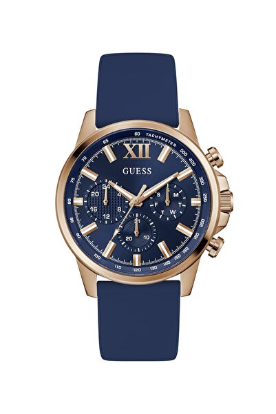 Guess Mens Blue Rose Gold Tone Multi-function Watch