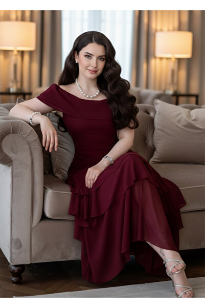 DVNA Burgundy chiffon georgette dress with layered ruffles and off-the-should...