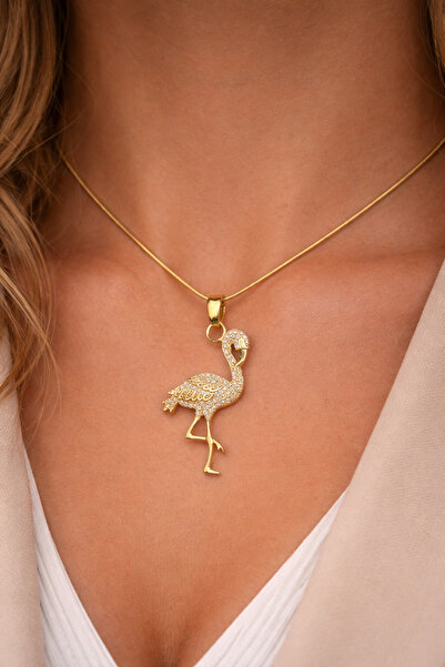 staınless steel Zirkon Taşlı Flamingo Model 316L Çelik Altın Renk Kadın Kolye