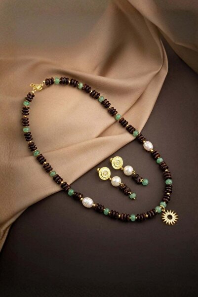 Bemenda Coconut Shell-Green Aventurine-Pearl Natural Stone Silver Design Neck...