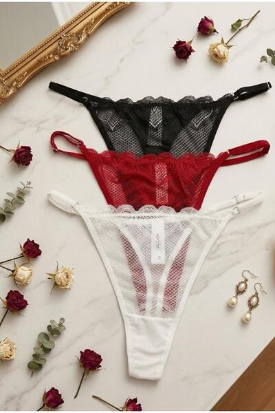 elarin 3'lü Dantel Transparan Kadın Tanga Külot Seti
