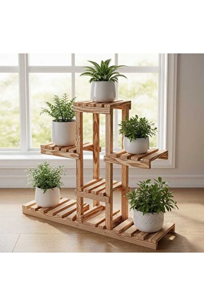 Ev dekka Doğal Masif Ahşap 5 Bölmeli Çiçeklik Saksı Standı - 100x100x25 cm Ge...