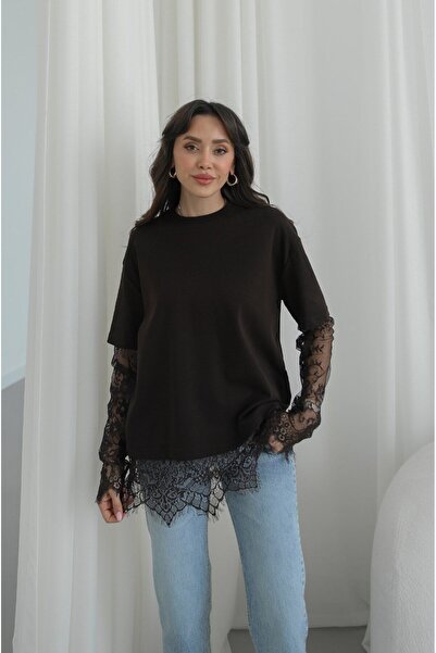 Havoş Καφέ μπλουζάκι με μανίκια και τελείωμα φούστας, σετ Δαντέλα τεμαχίων