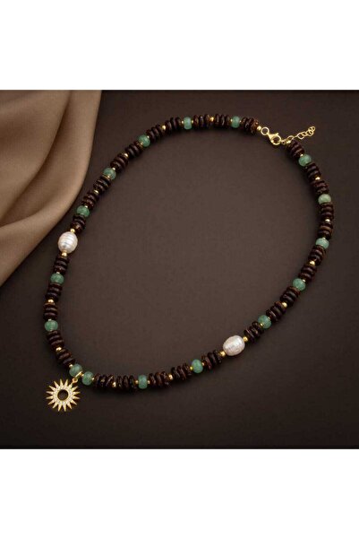 Bemenda Coconut Shell-Green Aventurine-Pearl Natural Stone Silver Design Neck...