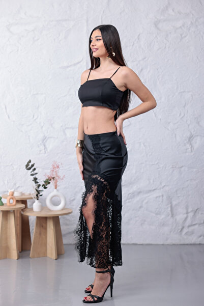 happinice Σατέν φούστα με δαντέλα και λεπτομέρειες