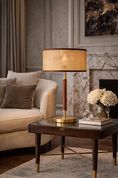 Vinner Auren Rattan Masif Ahşap Abajur – Hasır Şapkalı Premium Dekoratif Masa...