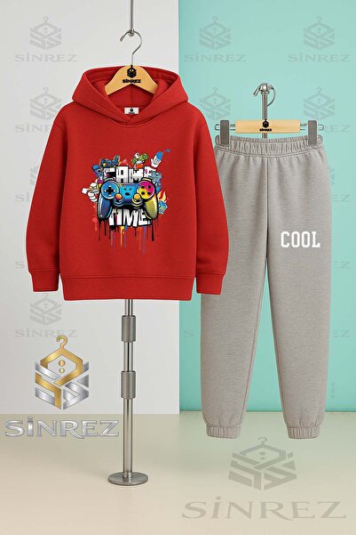 SİNREZ Children's Unisex Game Time Cool Hooded Tracksuit Set