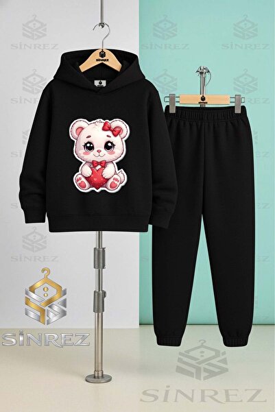 SİNREZ Children's Unisex Cat Cute Heart Pink Hooded Tracksuit Set