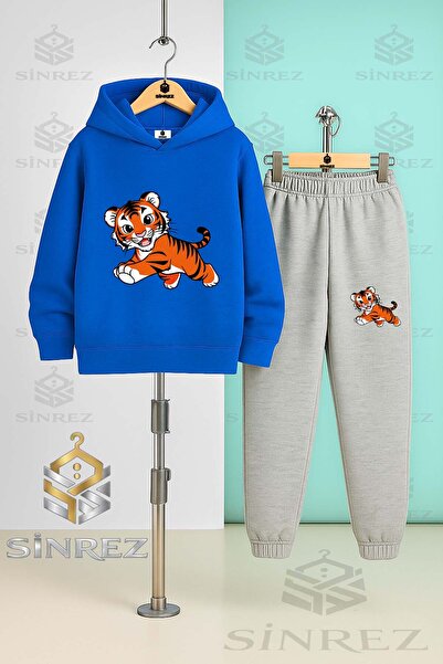 SİNREZ Children's Unisex Tiger Drawing Cute Hooded Tracksuit Set