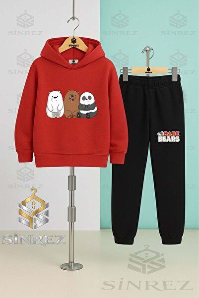SİNREZ Children's Unisex Pandas 3-Piece Side-By-Side Hooded Tracksuit Set