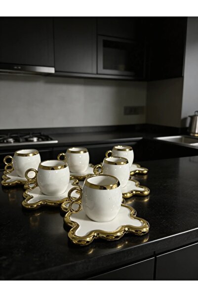 Florya Concept 6’lı Porselen Türk Kahvesi Fincan Takımı Gold Detaylı Lüks Kah...