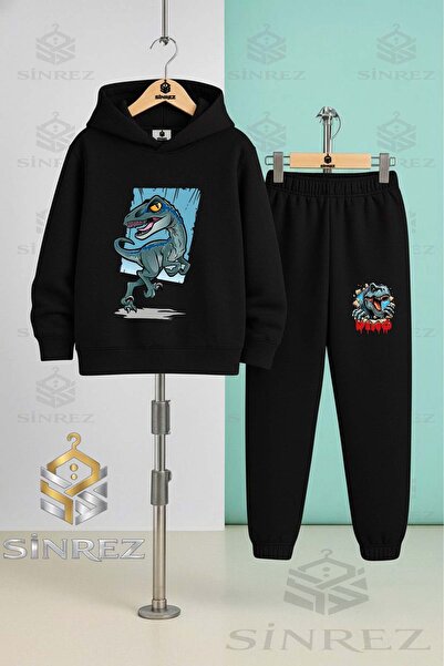 SİNREZ Children's Unisex Dinosaur Turquoise Canvas Hooded Tracksuit Set