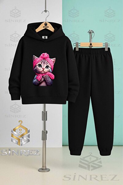 SİNREZ Children's Unisex Cat Sugar Half Pink Ribbon Hooded Tracksuit Set