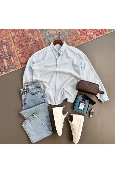 tiggir moda Men's Seersucker Shirt and Denim Trousers 2-Piece Set