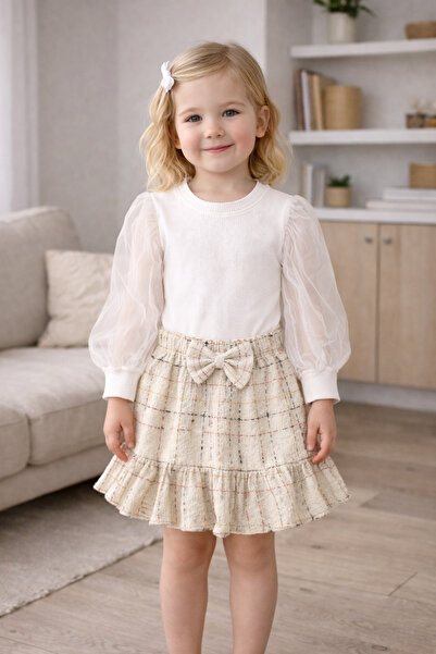 ues Λευκή μπλούζα με Τούλι μανίκια Καρό Λεπτομέρεια με φιόγκο Σετ φούστας για...