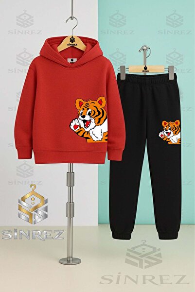 SİNREZ Children's Unisex Yandan Cute Tiger Hooded Tracksuit Set