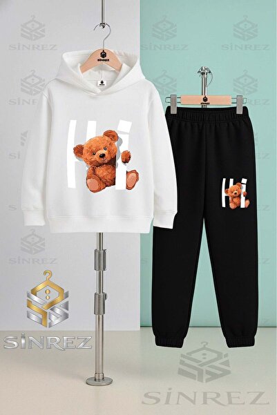 SİNREZ Children's Unisex Hi Bear Text Inside Hooded Tracksuit Set