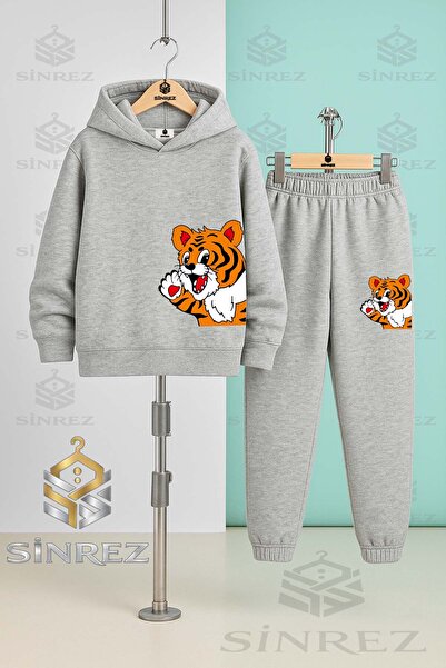 SİNREZ Children's Unisex Yandan Cute Tiger Hooded Tracksuit Set