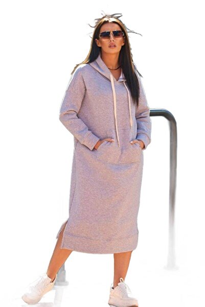 Kesi Sukienka długa ocieplana z kapturem szara