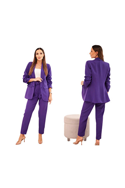 Kesi Fioletowy elegancki komplet damski – marynarka i spodnie z paskiem