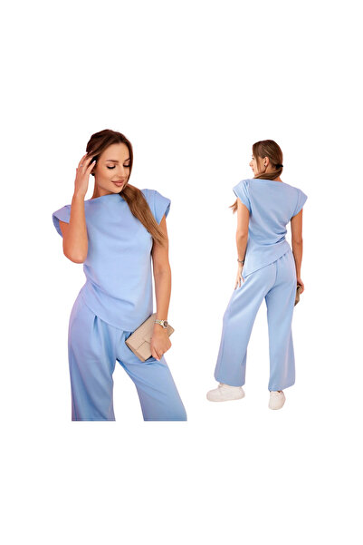 Kesi Set elegant de damă albastru: bluză asimetrică + pantaloni