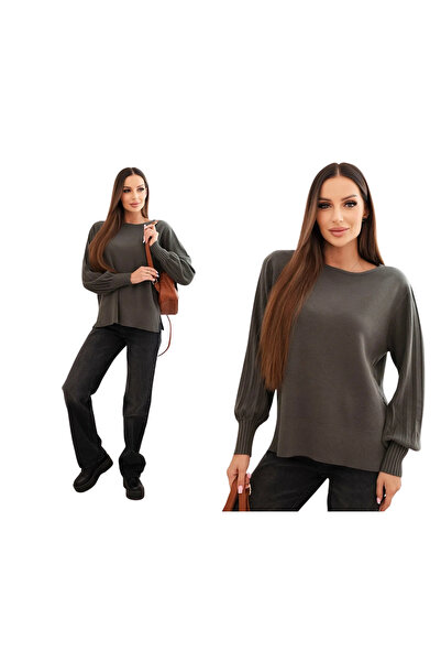 Kesi Pulover de damă din viscoză cu mâneci lungi și crăpături pe laterale, kaki