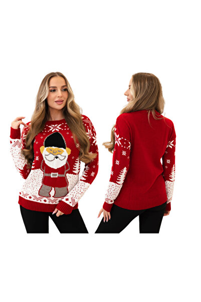 Kesi Czerwony sweter damski świąteczny z Mikołajem i zimowym wzorem