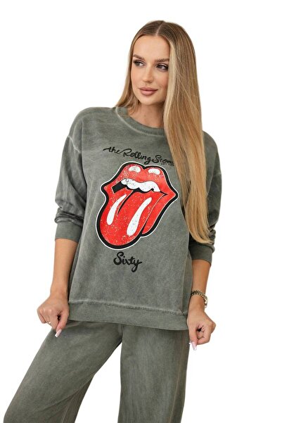 Kesi Komplet bawełniany dekatyzowany z nadrukiem bluza + spodnie khaki