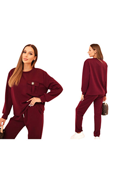 Kesi Set trening de damă de culoare prună cu buzunar decorativ și pantaloni d...