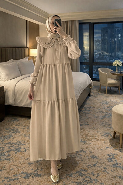 bellura Bebe Yaka Fırfırlı Parçalı Keten Elbise