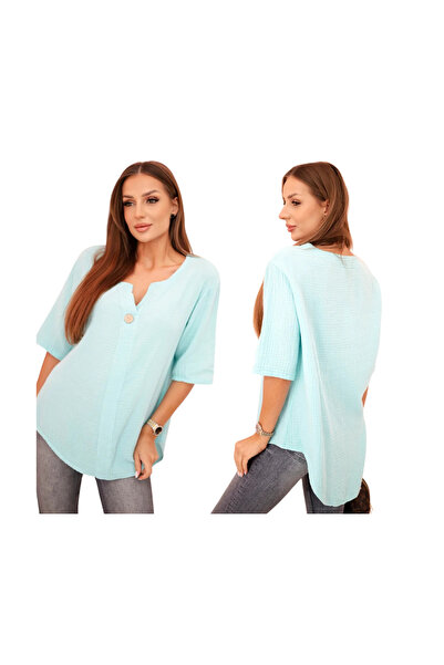 Kesi Miętowa bluzka damska bawełniana z guzikami i rękawem 3/4
