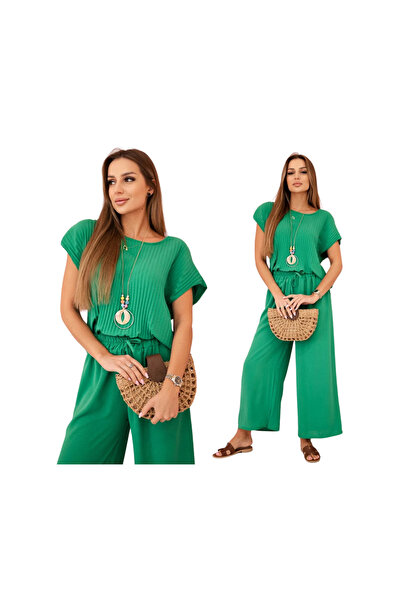 Kesi Set verde de damă din viscoză | bluză plisată + pantaloni