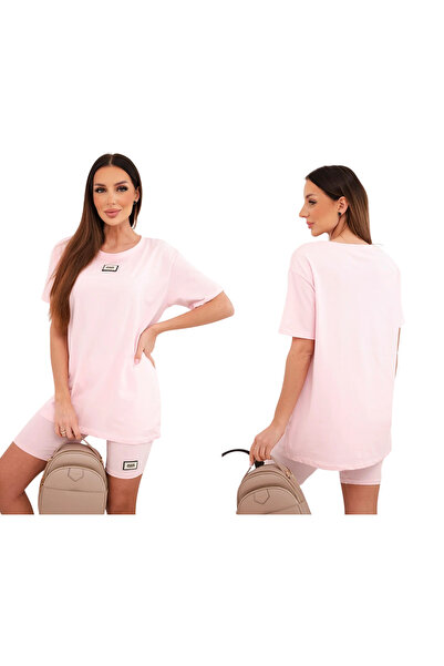 Kesi Cukierkowy róż komplet damski bawełniany t-shirt oversize + kolarki z la...