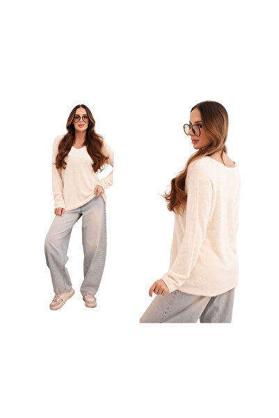 Kesi Pulover ecru de lână pentru femei cu decolteu în V