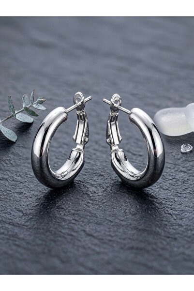 Meneva Aksesuar Silver Color Plated Medium Size Hoop Earrings