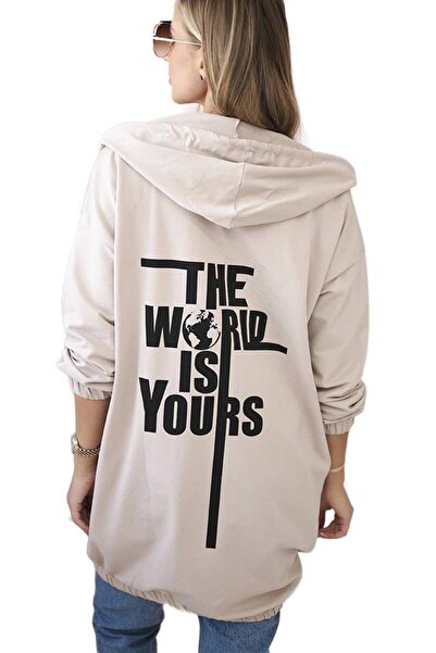 Kesi Hanorac bej deschis cu imprimeu „The world is yours”