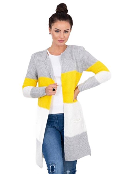 Kesi Sweter Kardigan w pasy szary+żółty