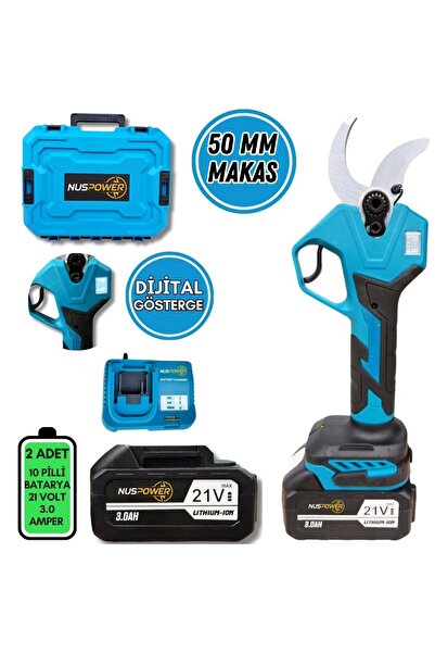 nuspower 50 mm Profesyonel Şarjlı Budama Makası – 21V Çift Akülü Dijital Göst...