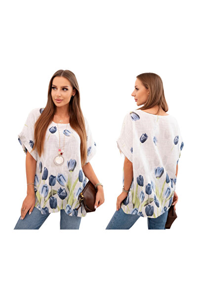 Kesi Bluză albă supradimensionată din bumbac pentru femei, cu model floral