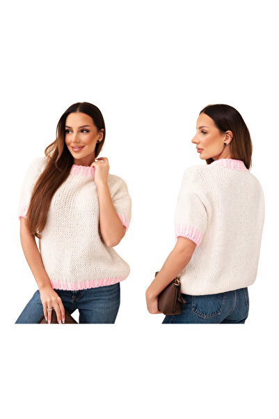 Kesi Pulover tricotat bej pentru femei cu mâneci scurte