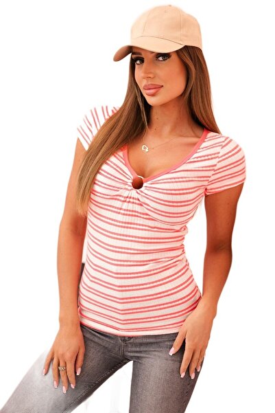 Kesi Bluzka damska bawełniana prążkowana w paski z dekoltem i ozdobnym kółkie...