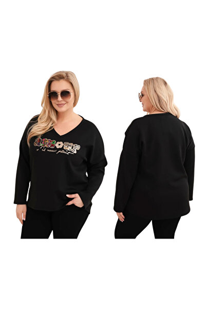 Kesi Bluză neagră pentru femei, mărime plus, cu decolteu în V și inscripții d...
