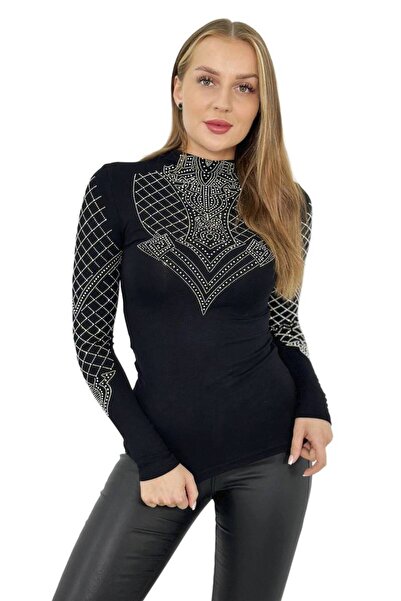 Kesi Bluzka dzianinowa zdobiona na dekolcie i rękawach czarna