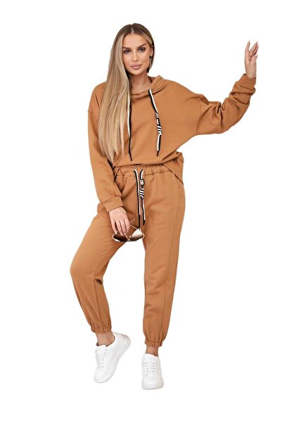 Kesi Komplet bawełniany bluza z kapturem + spodnie camelowy