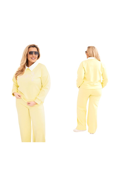 Kesi Set trening galben pentru femei MASELKOWY Plus Size cu guler și broderie