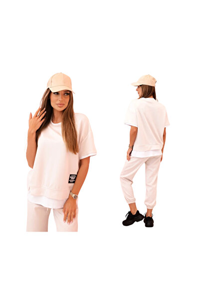 Kesi Set trening bej pentru femei cu vâscoză și garnituri contrastante