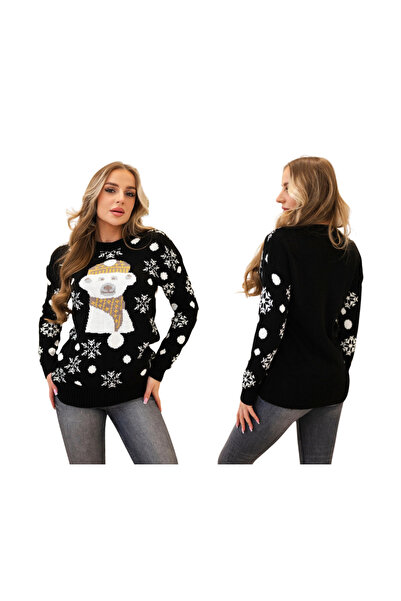 Kesi Czarny sweter damski świąteczny z misiem w czapce i szaliku