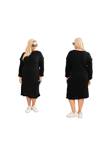 Kesi Women's Plus Size Black Mohair Oversized Sweater Dress with Functional P...