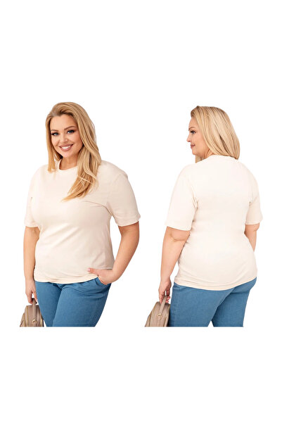 Kesi Women's classic beige Cotton blouse, short sleeves, plus size